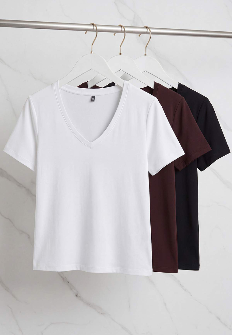 Trendyol Black-White-Brown 3-Pack Regular Fit V-Neck Plus Size T-Shirt Tbbss26Bf00031