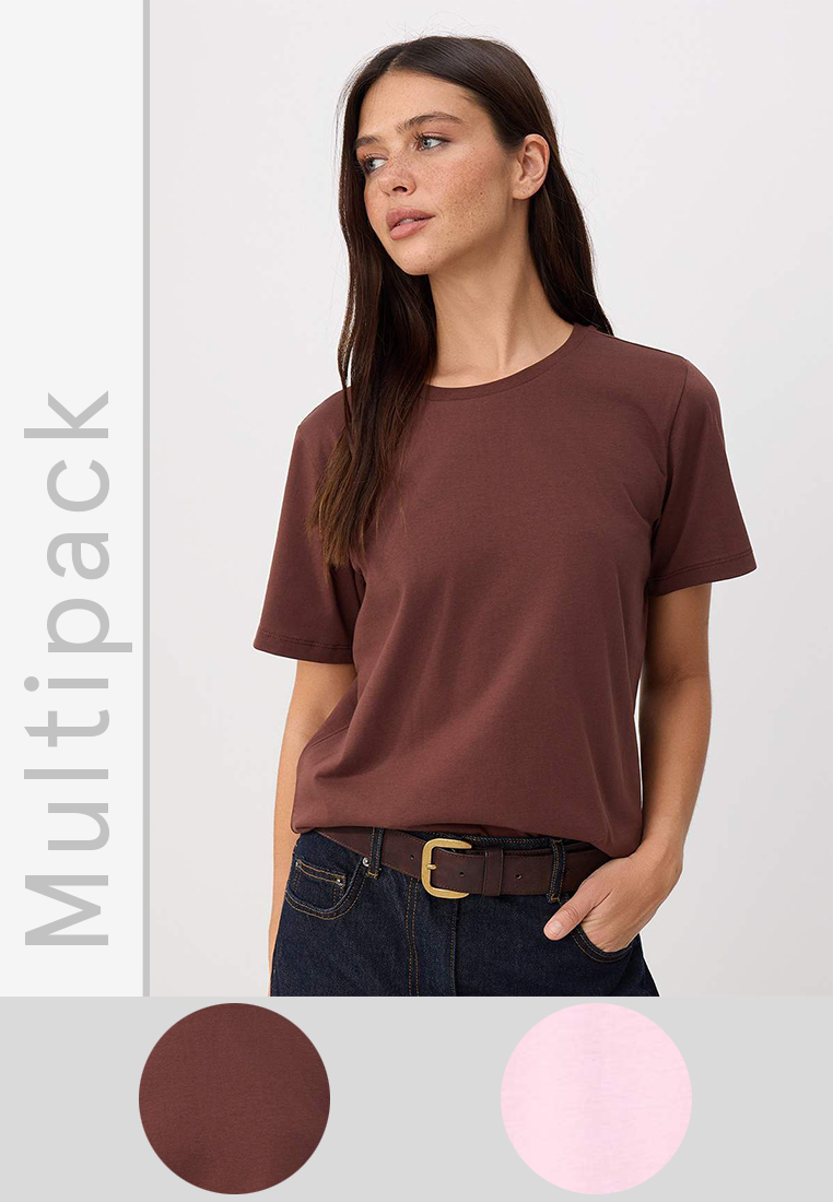 Trendyol Brown-Pink 1% Cotton Single Jersey Crew Neck 2-Pack Knitted T-Shirt Twoss2Ts141