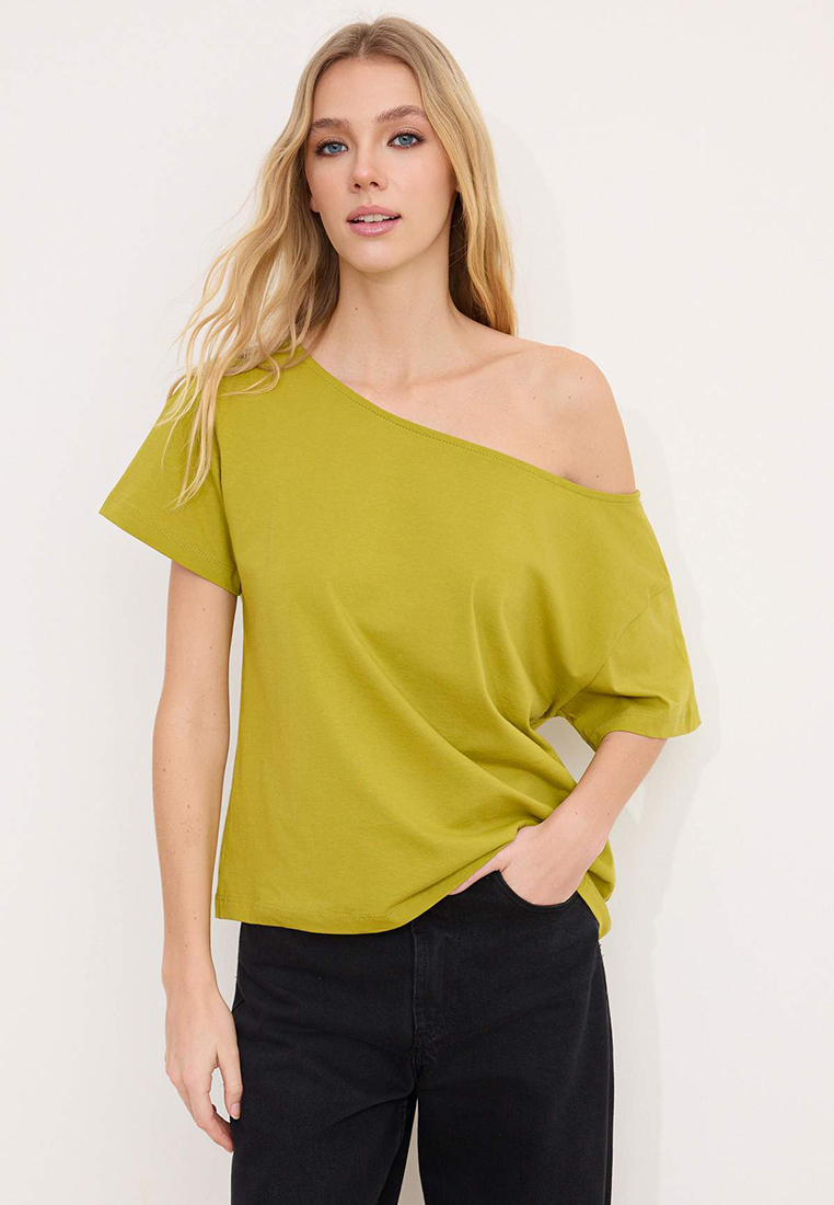 Trendyol Oil Green 1% Cotton Oversized /Wide Fit Boat Neck Knitted T-Shirt Twoss2Ts14