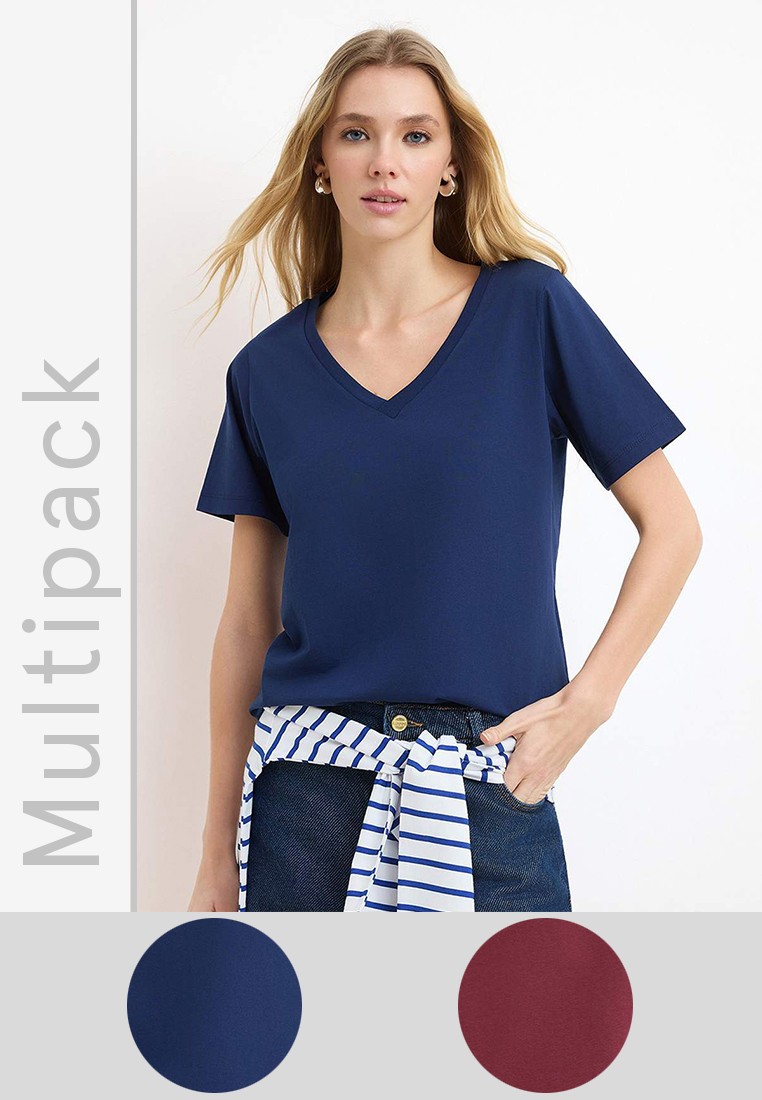 Trendyol Burgundy-Navy Blue 1% Cotton 2-Pack Regular Fit Basic V-Neck Knitted T-Shirt Twoss23Ts2