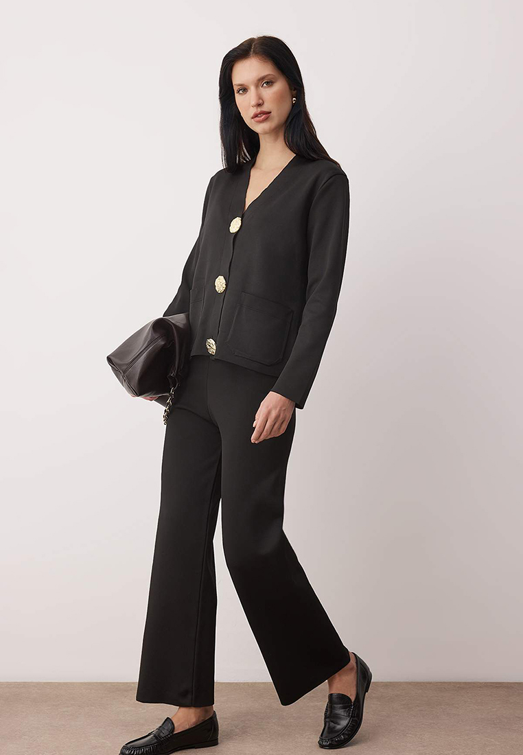 Trendyol Black V-Neck Button Detailed Cardigan-Pants Knitwear Bottom - Top Set Twoaw26Au45