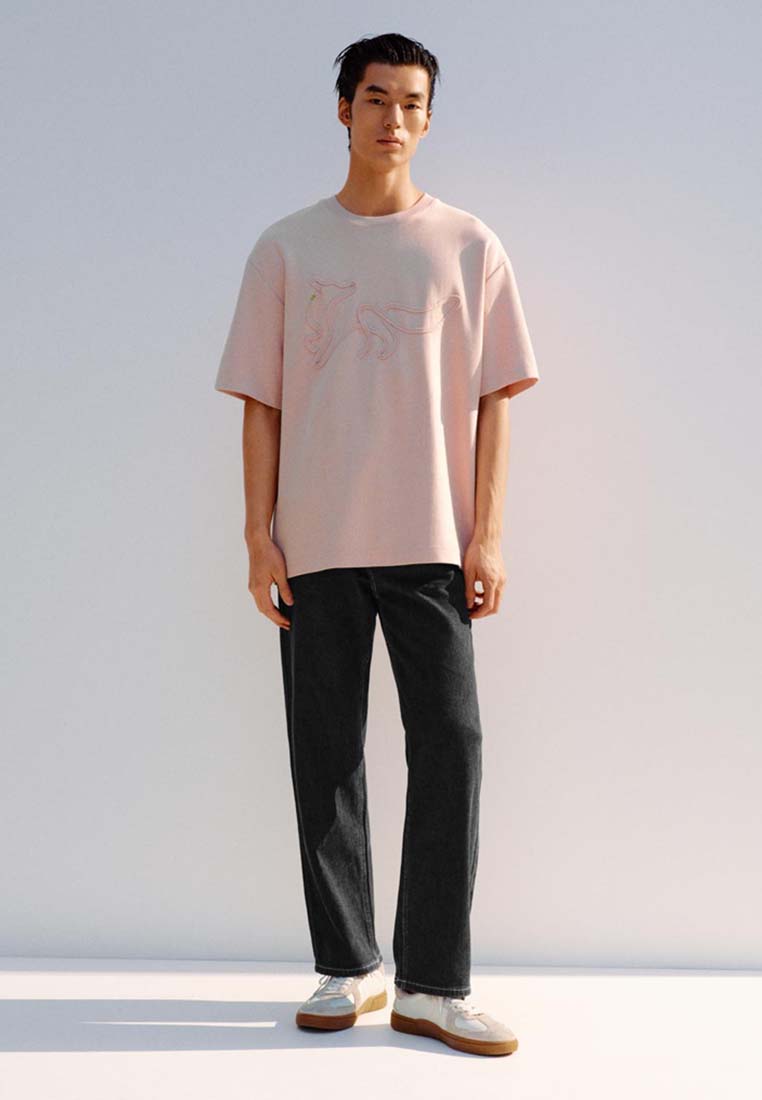 Urban Revivo Pastel Pink Embroidered Dog Outline Cotton T-shirt