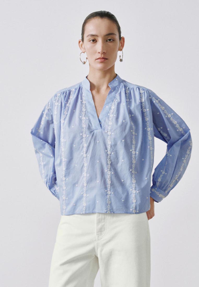 Urban Revivo Puff Sleeve Embroidered Blouse Ultra-Loose Cotton Bohemian