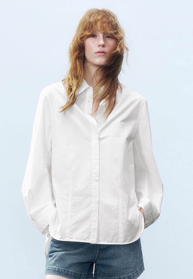 Urban Revivo Oversized Long Sleeve Cotton Shirt with Bishop Sleeves - Loose Fit Button Down Top