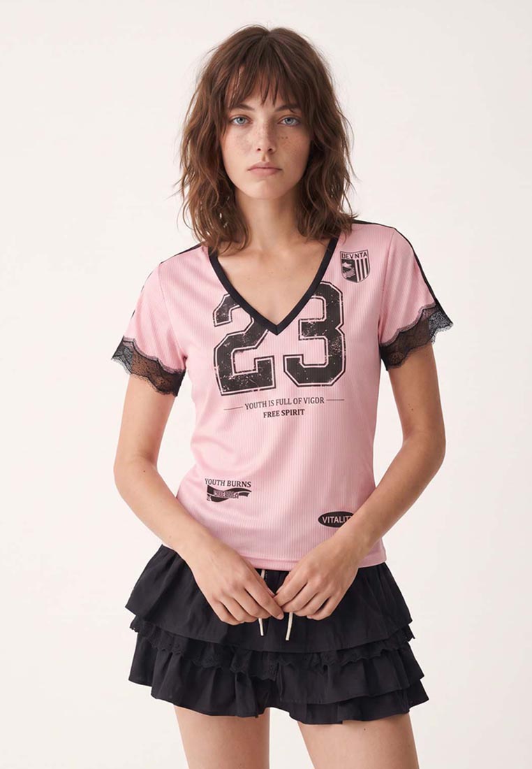 Urban Revivo Distressed Number Graphic With Lace Sleeves T-shirt