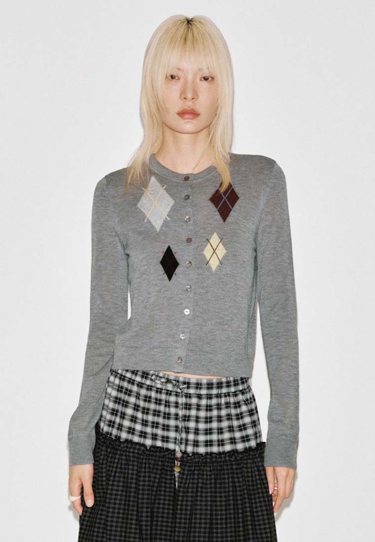 Urban Revivo Argyle Patched Cropped Button Down Cardigan