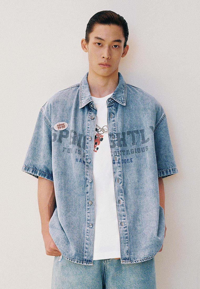 Urban Revivo Short Sleeve Denim Shirt Letter Print Patch Lyocell Cotton Blend