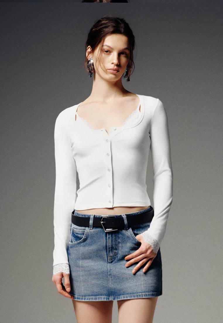 Urban Revivo Laced Scoop Neck Top - Close-Fitting 2 in 1 Shirt