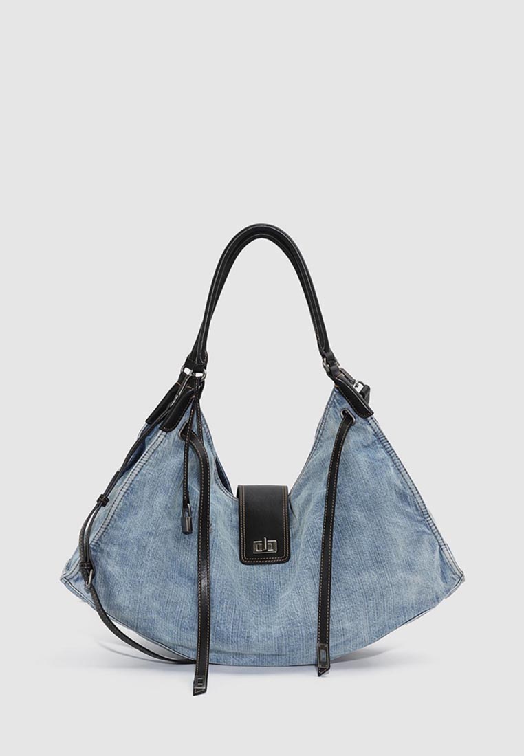 Urban Revivo Blue Denim Hobo Bag - Black Leather Lock Sling Bag Crossbody Purse