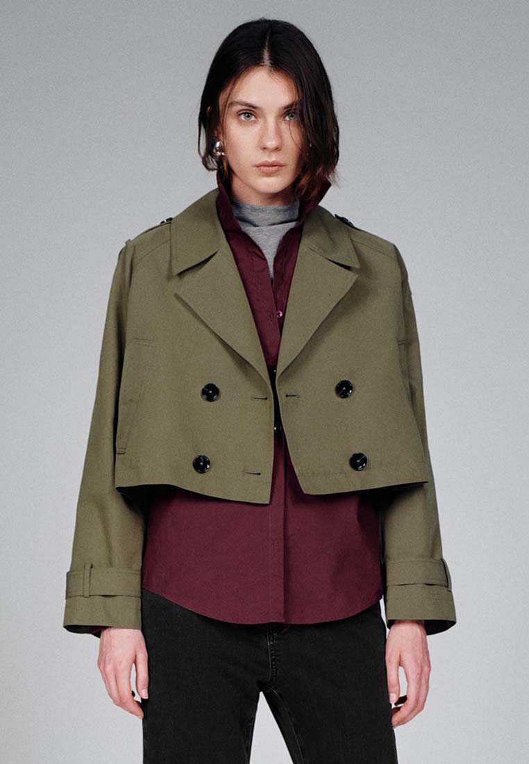 Urban Revivo Double-Breasted Cropped Cotton-Polyester Coat