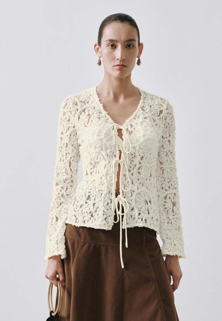 Urban Revivo Neck Tie Front Crochet Lace Cotton Yarn Decorated Shirt